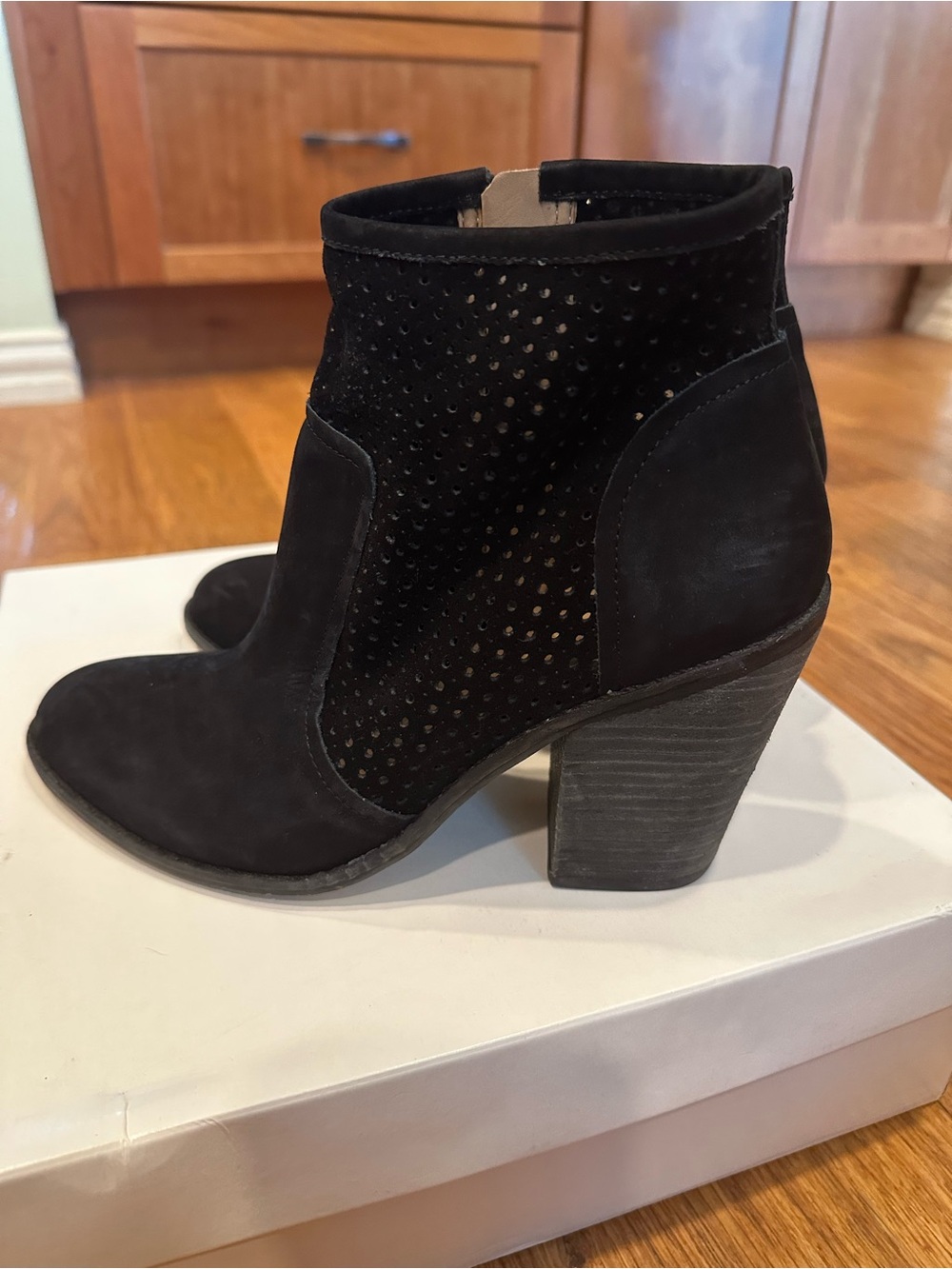 Anthropologie Black Suede Perforated Block Heel Ankle Booties